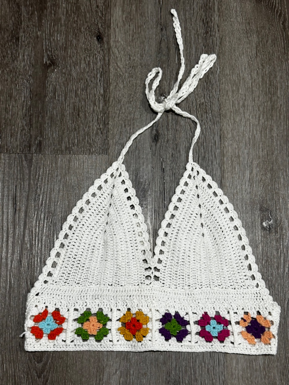 Crochet Halter Top Granny Square Floral Festival Boho Fairycore Tie Back Top - Picture 2 of 10